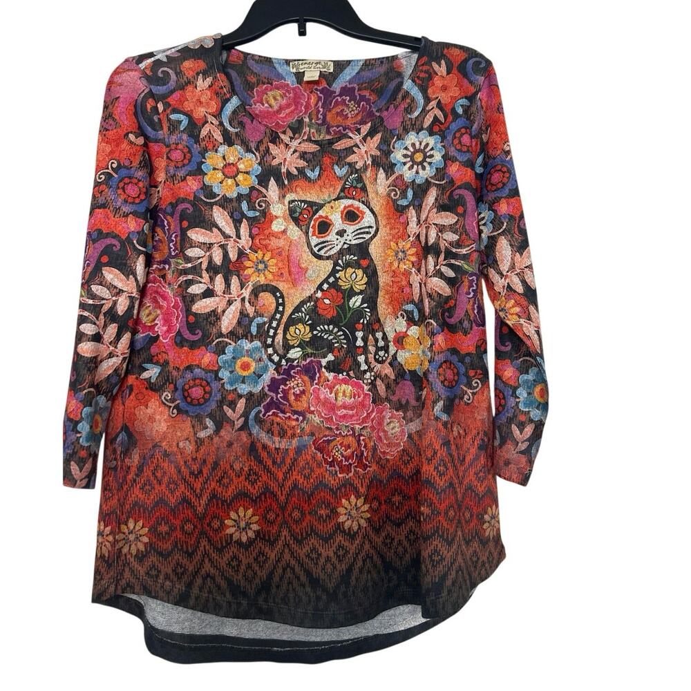 Boho Folk Art Cat Floral Tunic Top Artsy Teacher Whimsigoth Grandma Core M